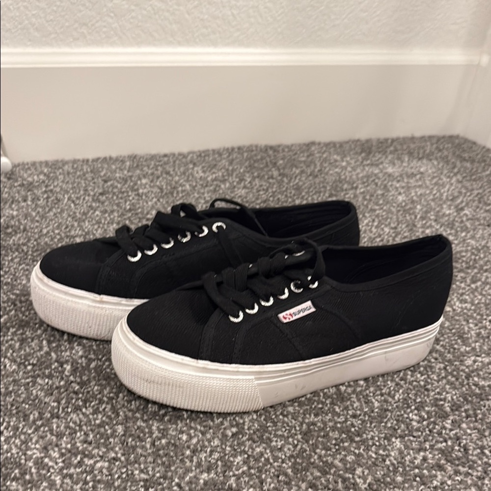 Superga Women's Black Canvas Platform Sneakers with White Soles